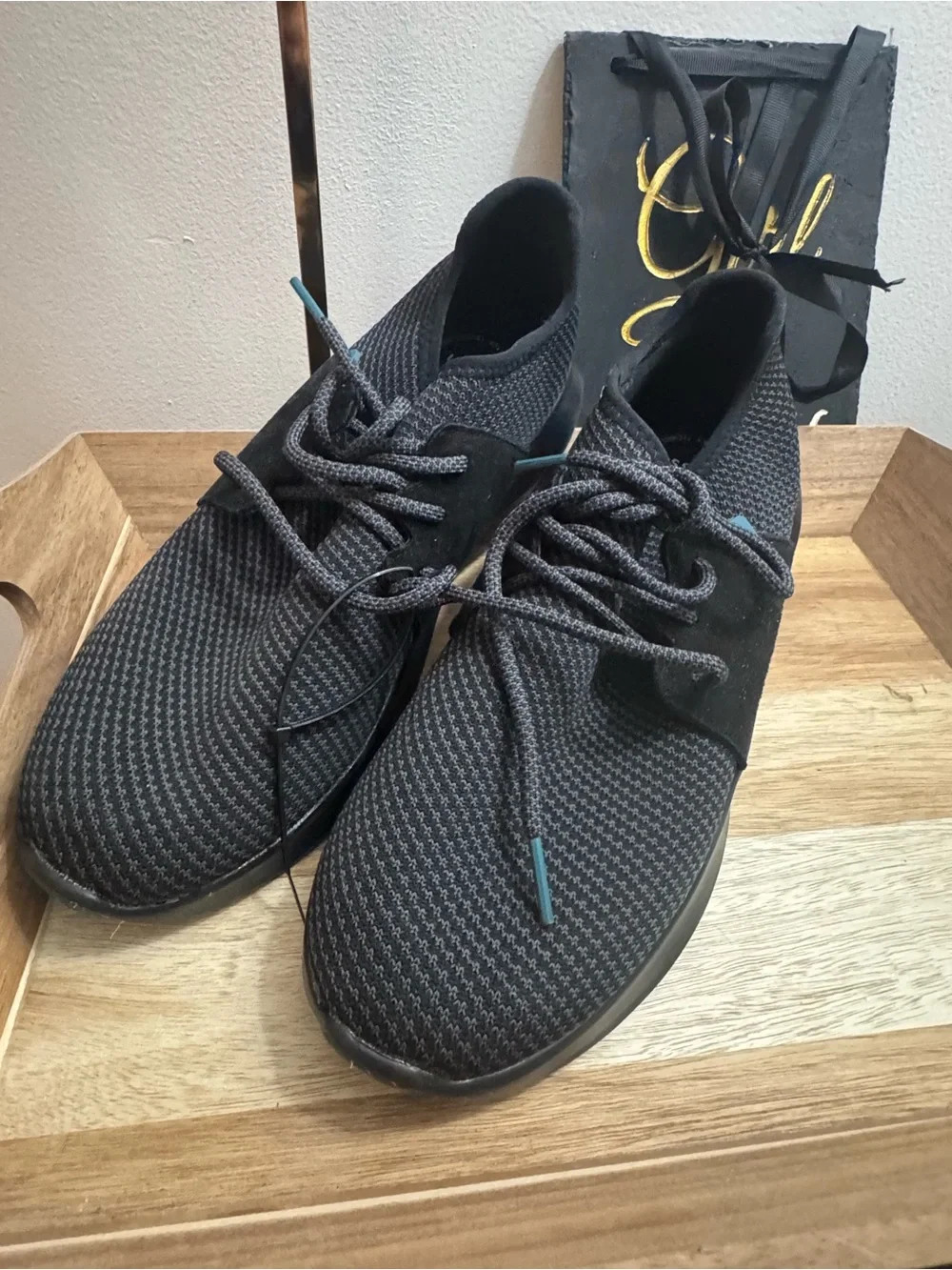Black Knit Lace-Up Athletic Sneakers with Teal Accents